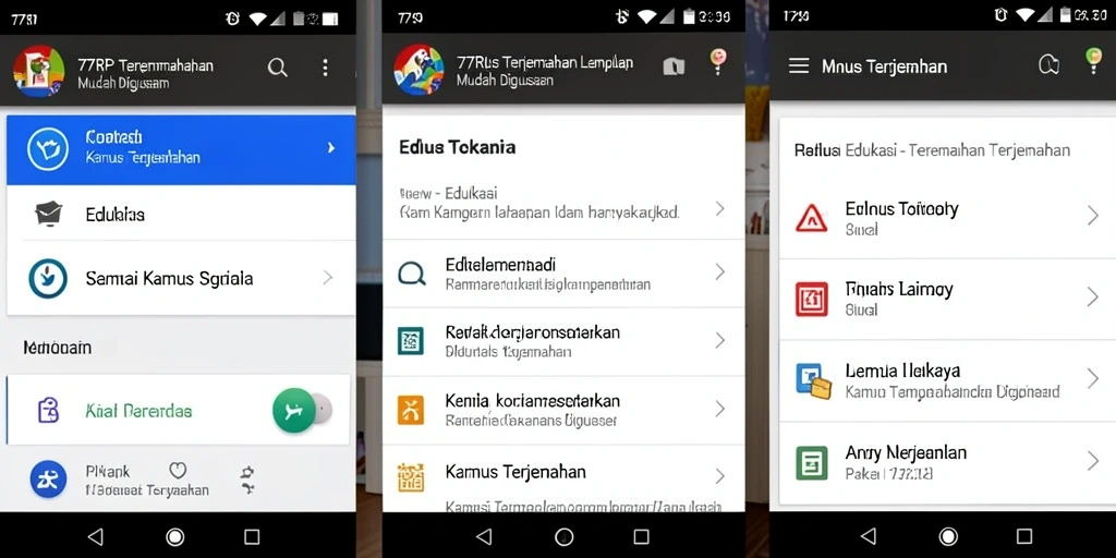 Tampilan antarmuka aplikasi Kamus Terjemahan 77RP yang menarik dan user-friendly.