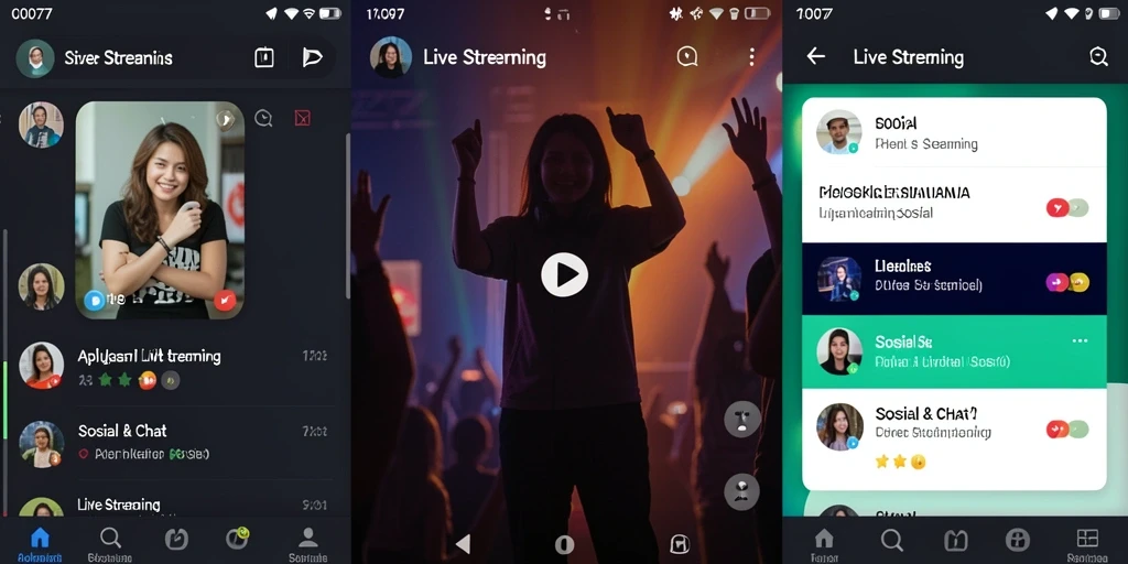 Antarmuka aplikasi C0077 dengan fitur Live Streaming yang menarik.